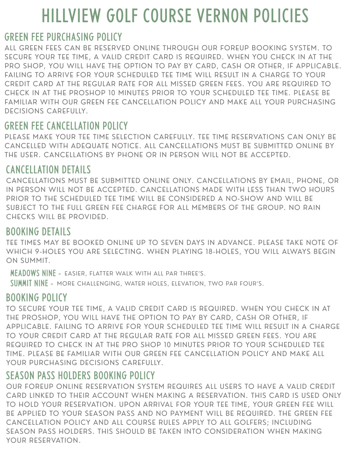 Policies & Rules - Hillview Golf Course